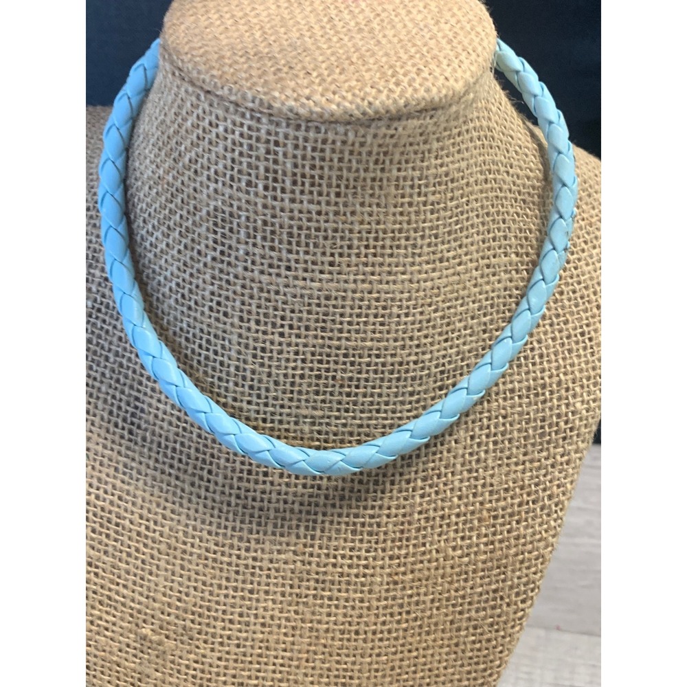 Bright Blue Braided Leather Choker Necklace Heart Clasp Silver Tone 14 Inch